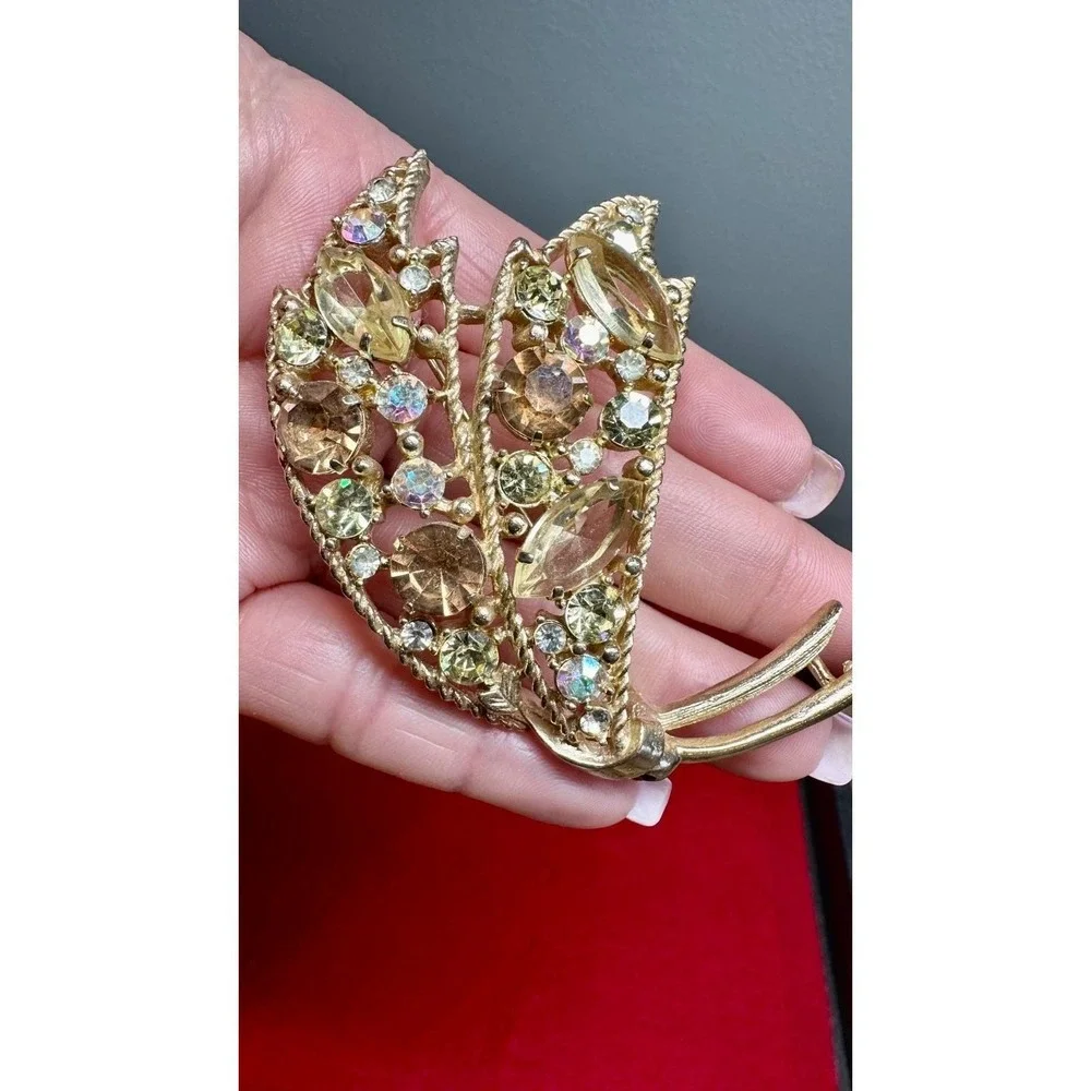 Emmons Vintage Amber Glow Rhinestone Brooch Earrings AB Set 1961